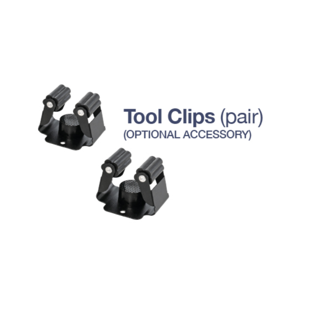 Two black tool clips are displayed side by side with the text Tool Clips (Pair) – Optional Accessory to the right—ideal for your Pride Mobility Hard Top Canopy Scooter Accessory, adding adventure-ready protection on a white background.