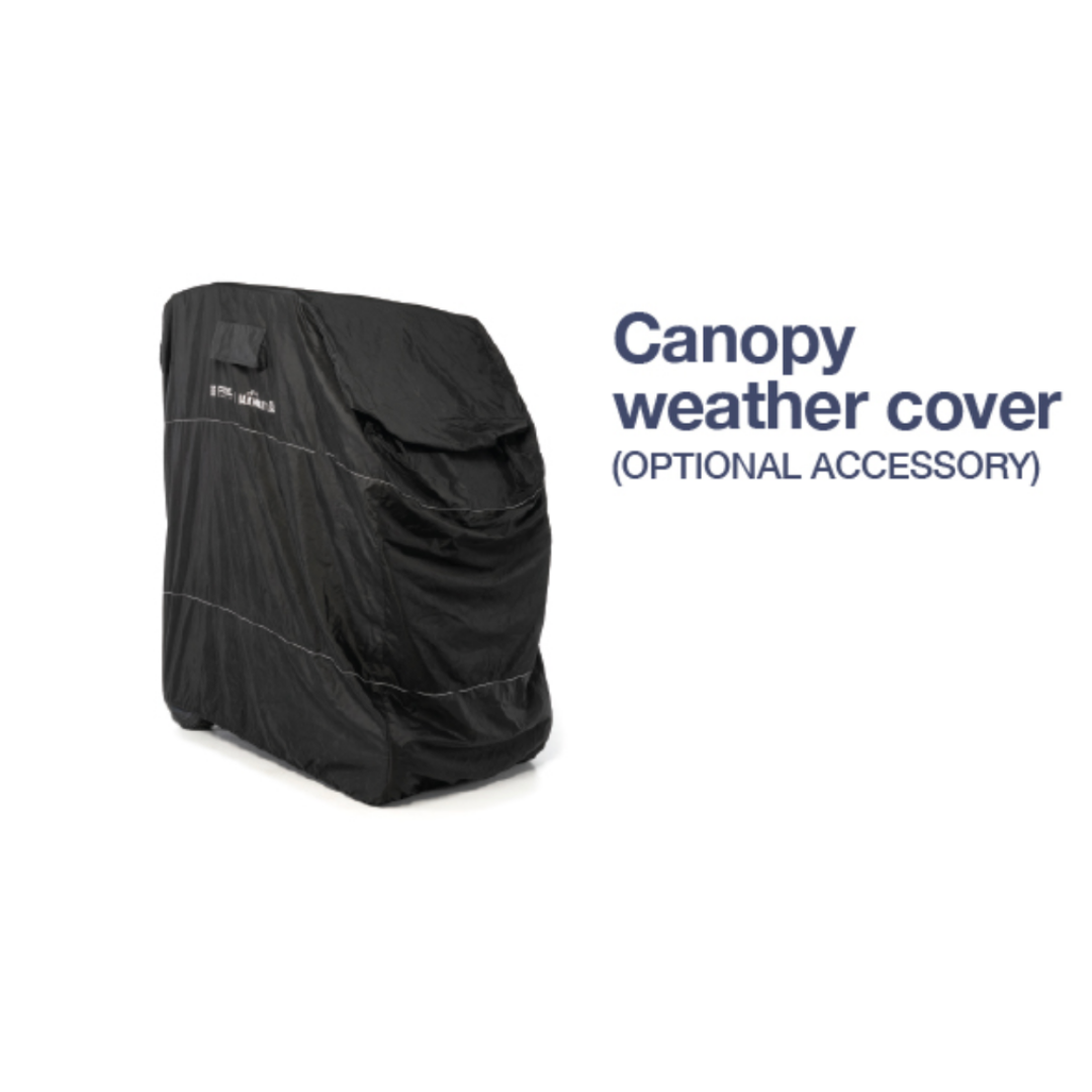 The Pride Mobility Hard Top Canopy Scooter Accessory, shown in black on a mobility scooter, provides durable protection from the elements. Optional accessory is displayed with text labeling on a white background.