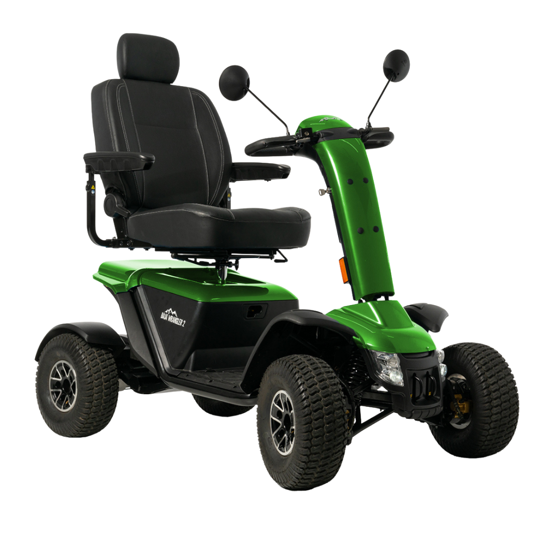 The Pride Baja® Wrangler® 2 Heavy Duty Outdoor Scooter is a green, four-wheeled mobility scooter with a padded seat, armrests, high backrest, and rearview mirrors, built for superior outdoor performance.