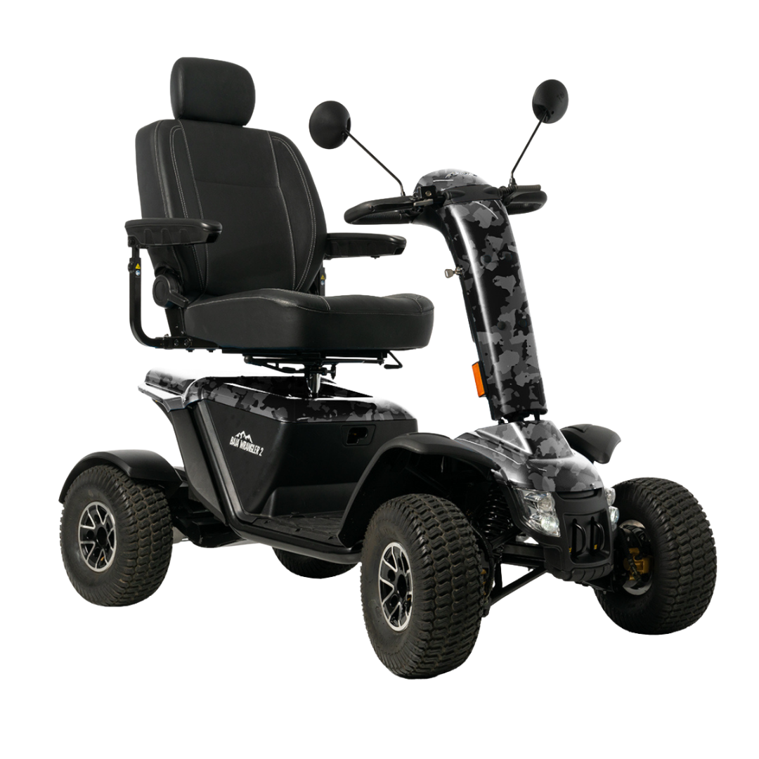 The Pride Baja® Wrangler® 2 Heavy Duty Outdoor Scooter is a four-wheel, black all-terrain scooter with large tires, cushioned seat, armrests, side mirrors, and camouflage front panel detailing. Shown on a white background.