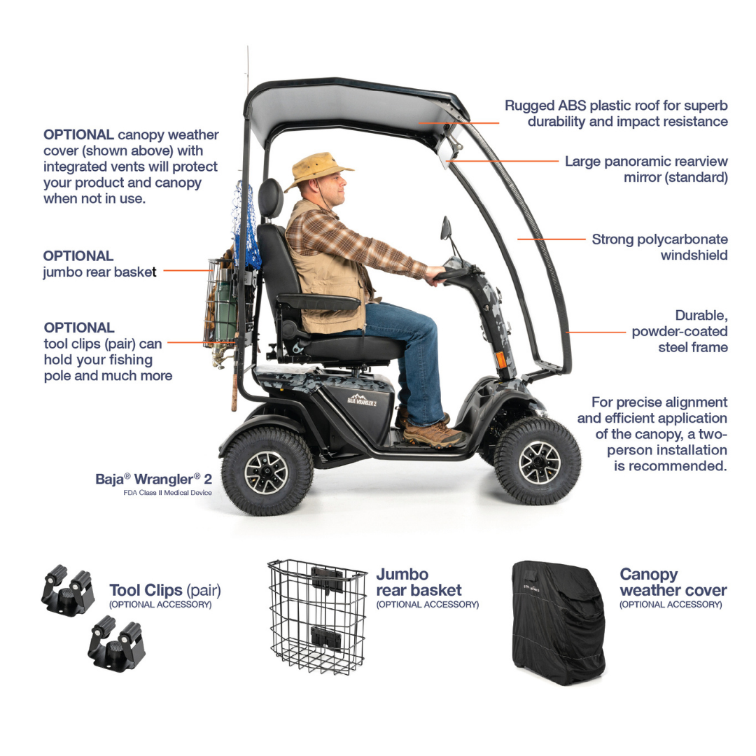 Side view of a man seated in a black scooter with the Pride Mobility Hard Top Canopy Accessory for outdoor protection, featuring optional accessories like tool clips, rear basket, and weather cover with labeled features.
