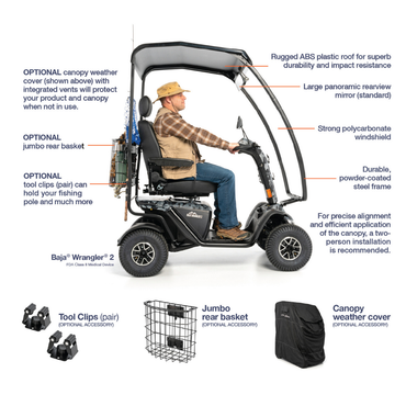 Side view of a man seated in a black scooter with the Pride Mobility Hard Top Canopy Accessory for outdoor protection, featuring optional accessories like tool clips, rear basket, and weather cover with labeled features.