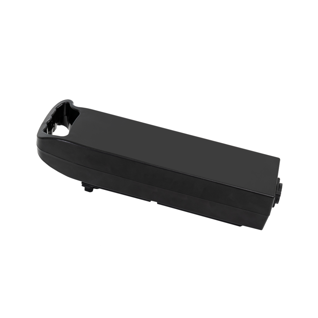 The Jazzy Carbon battery for the Pride Mobility Jazzy® Carbon Ultralite Powerchair is a sleek black rectangle with a handle at one end and a connector port on the other, featuring an ultra-lightweight design against a white background.