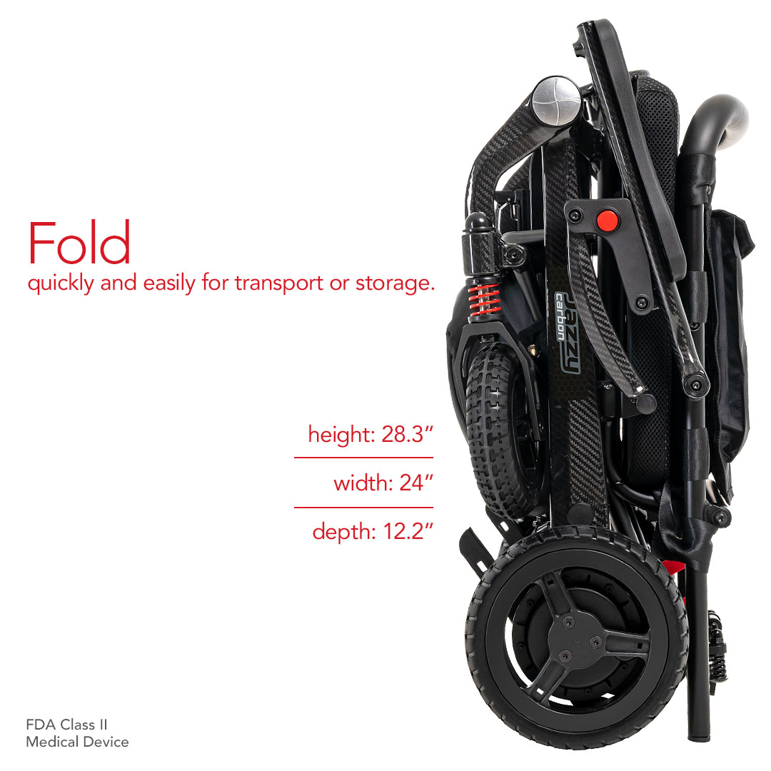The Pride Mobility Jazzy® Carbon Ultralite Powerchair is a foldable black and red mobility device featuring large wheels and an ultra-lightweight design for swift folding. Measuring 28.3 in height, 24 in width, and 12.2 in depth, this FDA Class II Medical Device offers a compact solution for travelers.