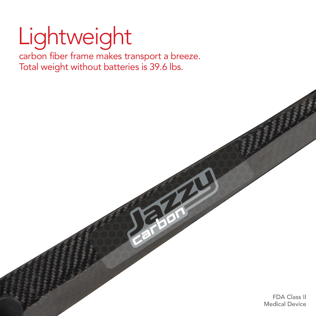 Close-up of the Pride Mobility Jazzy® Carbon Ultralite Powerchair frame, featuring an ultra-lightweight carbon fiber design ideal for travel. Total weight without batteries: 39.6 lbs. Bottom right notes FDA Class II Medical Device.