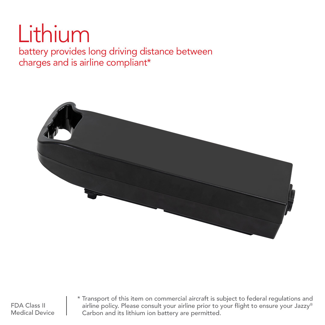 A black lithium battery, ideal for travel power chairs such as the Pride Mobility Jazzy® Carbon Ultralite Powerchair, is highlighted in red text emphasizing its long range and airline compliance. Additional notes state it is an FDA Class II medical device with certain transport restrictions.