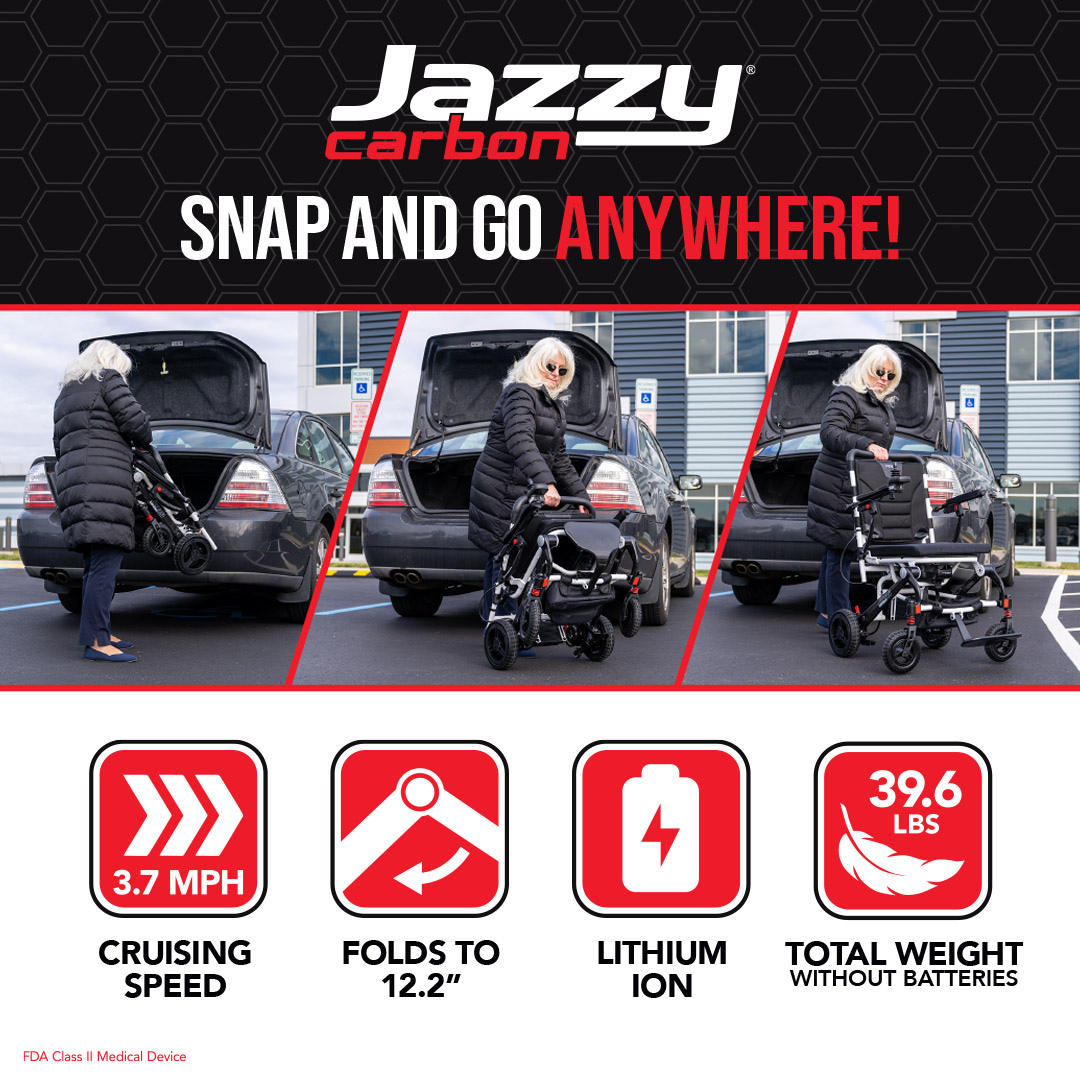 A woman easily loads the 39.6 lbs. Pride Mobility Jazzy® Carbon Ultralite Powerchair from a car trunk. With its 3.7 MPH speed, compact 12.2 fold, and lithium-ion battery, its perfect for any Snap and Go Anywhere adventure!.
