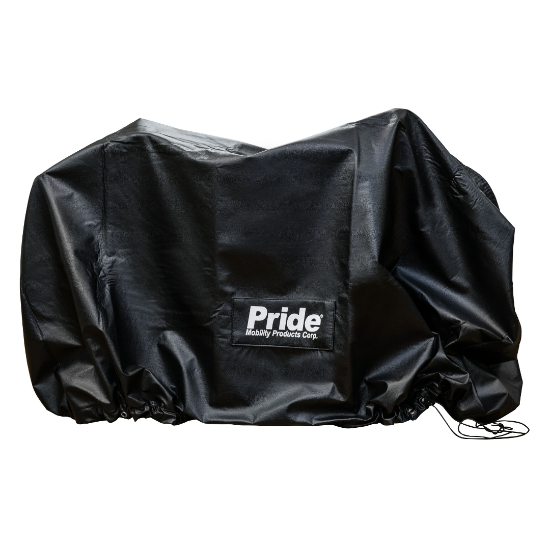 The Pride Mobility All-Weather Scooter Cover is a black, durable vinyl rain cover with elastic edges and a drawstring, offering all-weather protection for mobility scooters. Features the Pride Mobility Products Corp. logo.