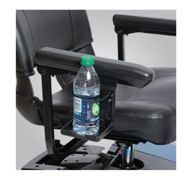 A close-up of a black chair with a plastic water bottle placed in the Pride Mobility Scooter Cup Holder attached to the armrest.