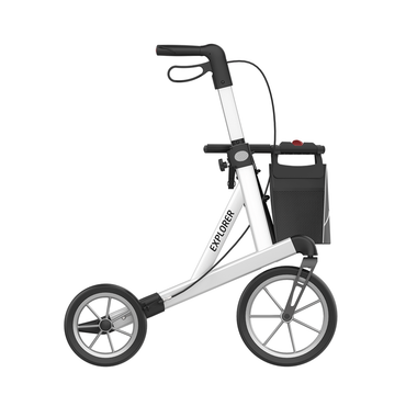 The Rehasense Explorer HD All-terrain Rollator is a white mobility aid labeled EXPLORER, featuring two large rear wheels, a smaller front wheel, a handlebar with brake, and a detachable black storage basket.