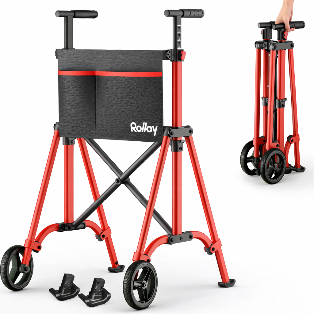 The Rolloy Ultra-Compact Master Bariatric Walker features a red and black design, two front wheels, a fabric storage pouch, and detachable footrests. An inset image shows the folded walker held upright by hand.