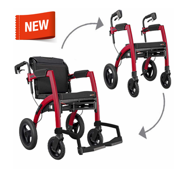 The Rollz Motion Performance All-Terrain 2-In-1 Rollator Transport Chair in red and black is shown smoothly folding from open to compact, with arrows illustrating the transformation. A NEW red tag appears in the top left corner.