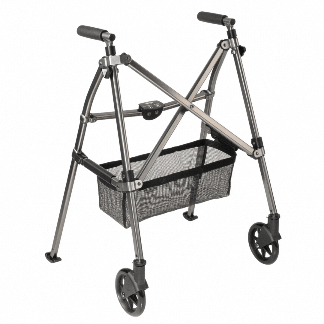 The Stander Bariatric Wonder Walker Plus with Wheels is a lightweight, compact folding walker featuring two front wheels, rear legs with rubber tips, comfortable hand grips, and an under-seat mesh storage basket.