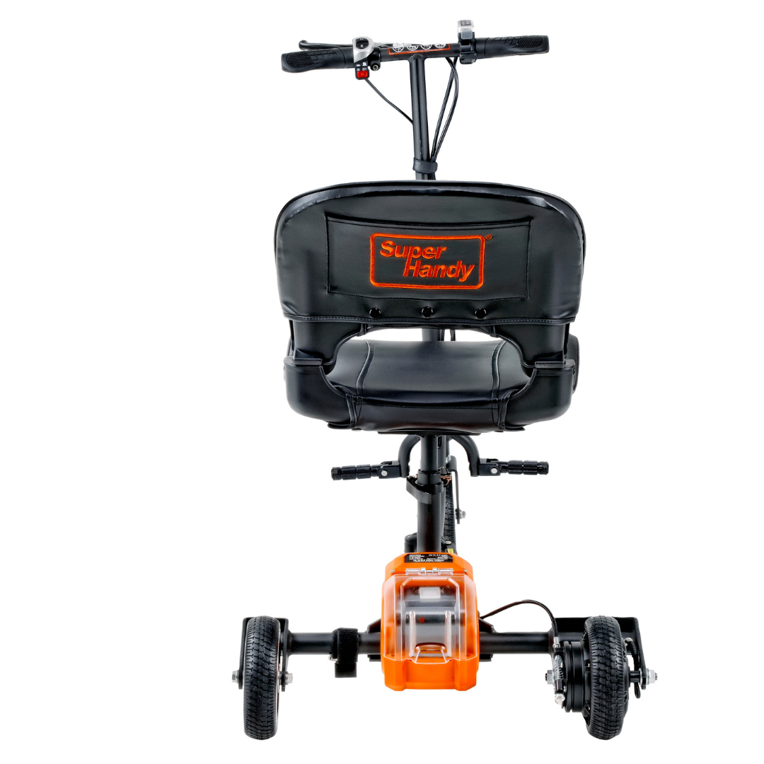 The SuperHandy Passport Power Mobility 3-Wheel Scooter weighs just 35 lbs and features a compact, foldable design with a black seat, orange frame, Super Handy on the backrest, and a handlebar control panel for stable electric transport.