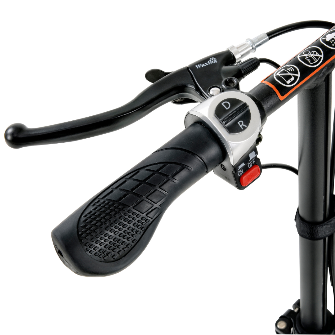 Close-up of the SuperHandy Passport Power Mobility 3-Wheel Scooters handlebar, showcasing a black textured grip, brake lever, and control switch with D and R buttons. An ON/OFF button is integrated into its lightweight 35 lb design.