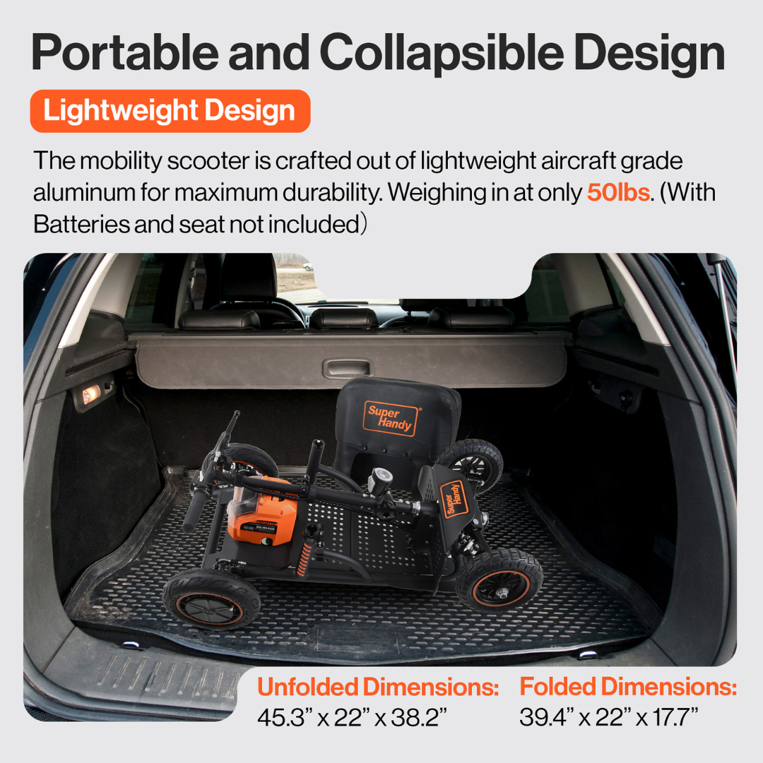 The SuperHandy Explorer Portable Power Mobility Scooter GUT161 is a lightweight, portable and collapsible scooter that can easily transport in most vehicles