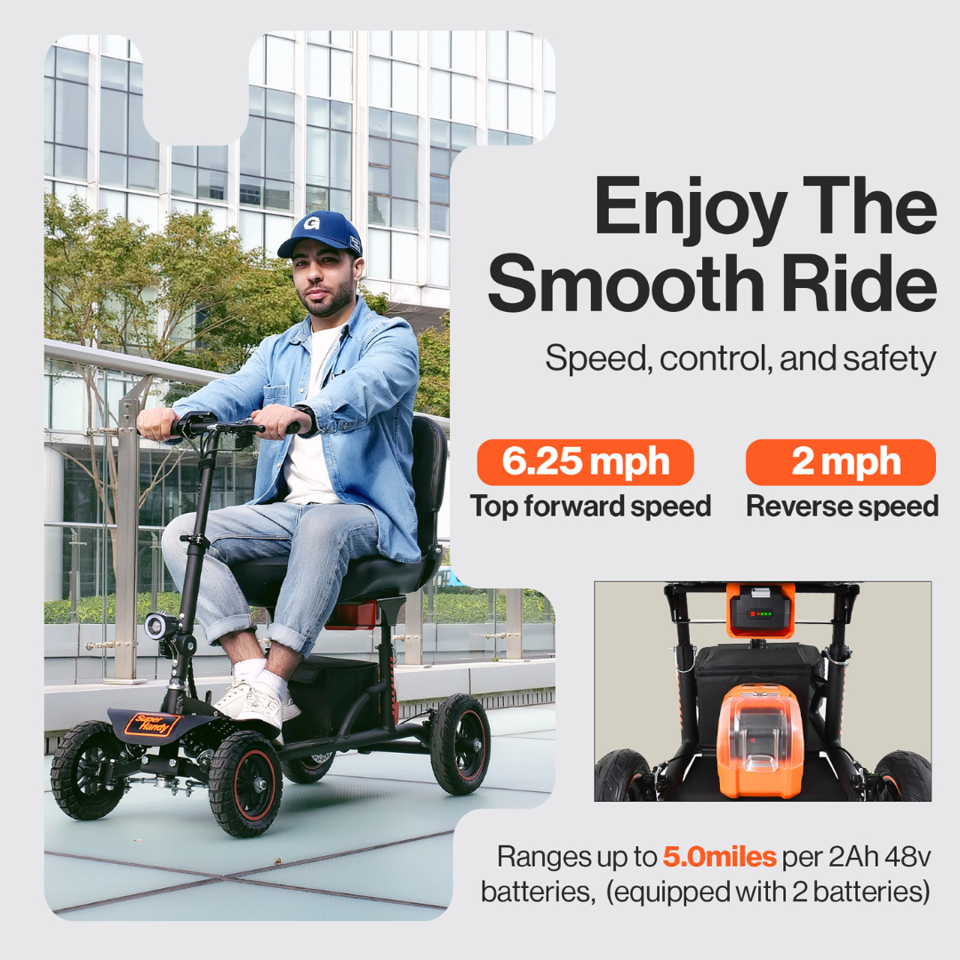 Enjoy the smooth ride of the SuperHandy Explorer Portable Power Mobility Scooter GUT161 with 6.5 MPH top speed and a 2 MPH reverse speed