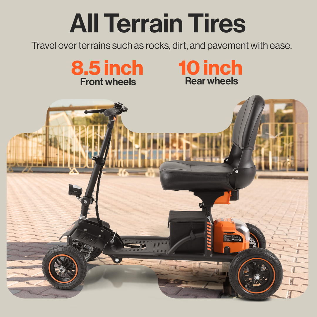 The all terrain tires on the SuperHandy Explorer Portable Power Mobility Scooter GUT161 help traverse the world around you