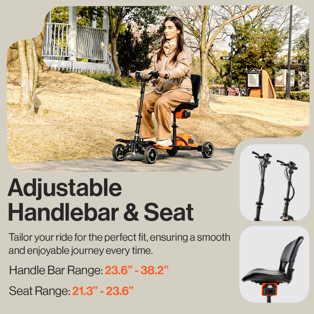 A person rides the SuperHandy Passport Pro Mobility Scooter, a foldable 4-wheel model, in a park. The image highlights its adjustable handlebar (23.6 to 38.2) and seat (21.3 to 23.6).