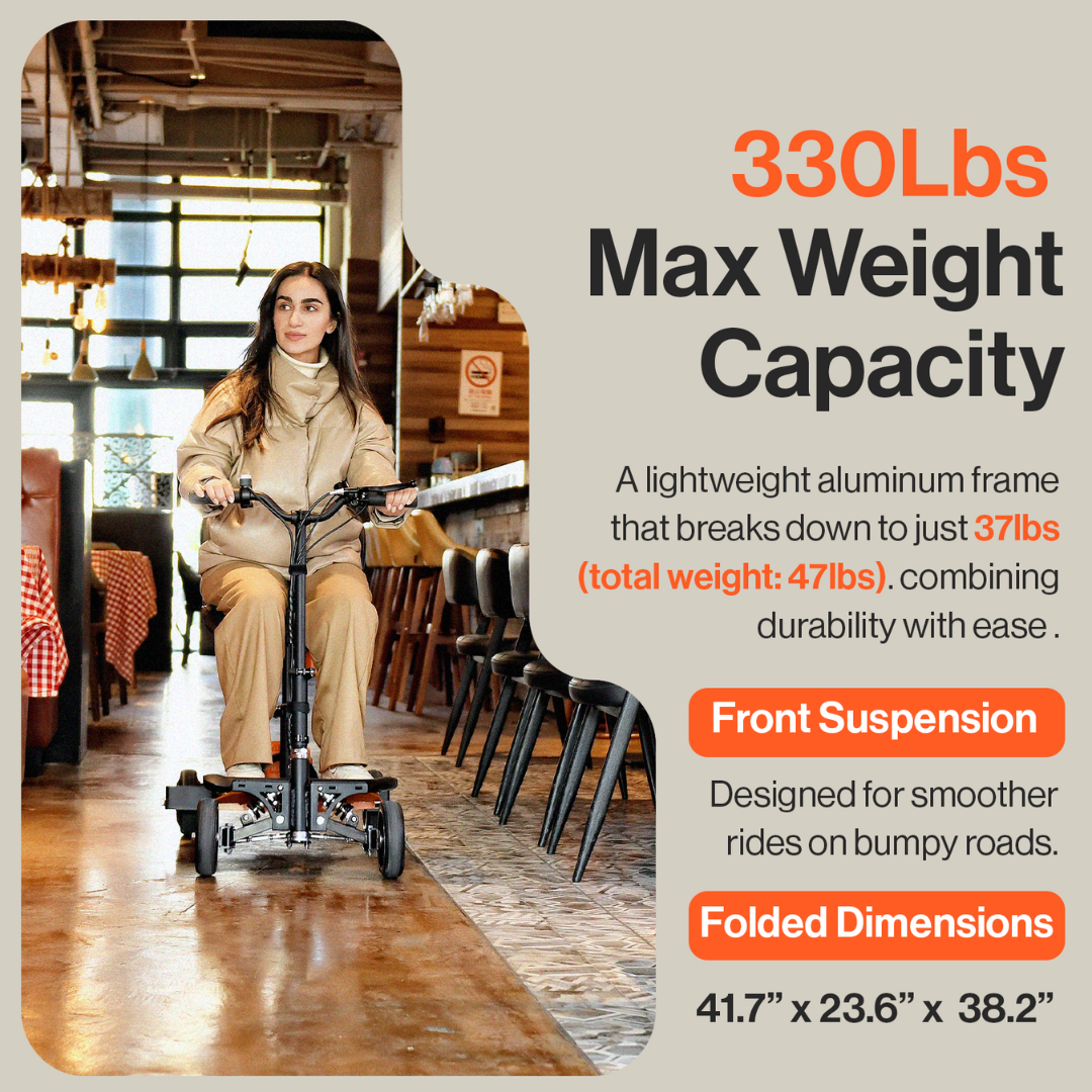 A woman easily navigates a restaurant with the SuperHandy Passport Pro Mobility Scooter, foldable and ultralite. Supporting up to 330 lbs, it weighs only 37 lbs (47 lbs total). With front suspension and folded size of 41.7 x 23.6 x 38.2, its ideal for on-the-go convenience.