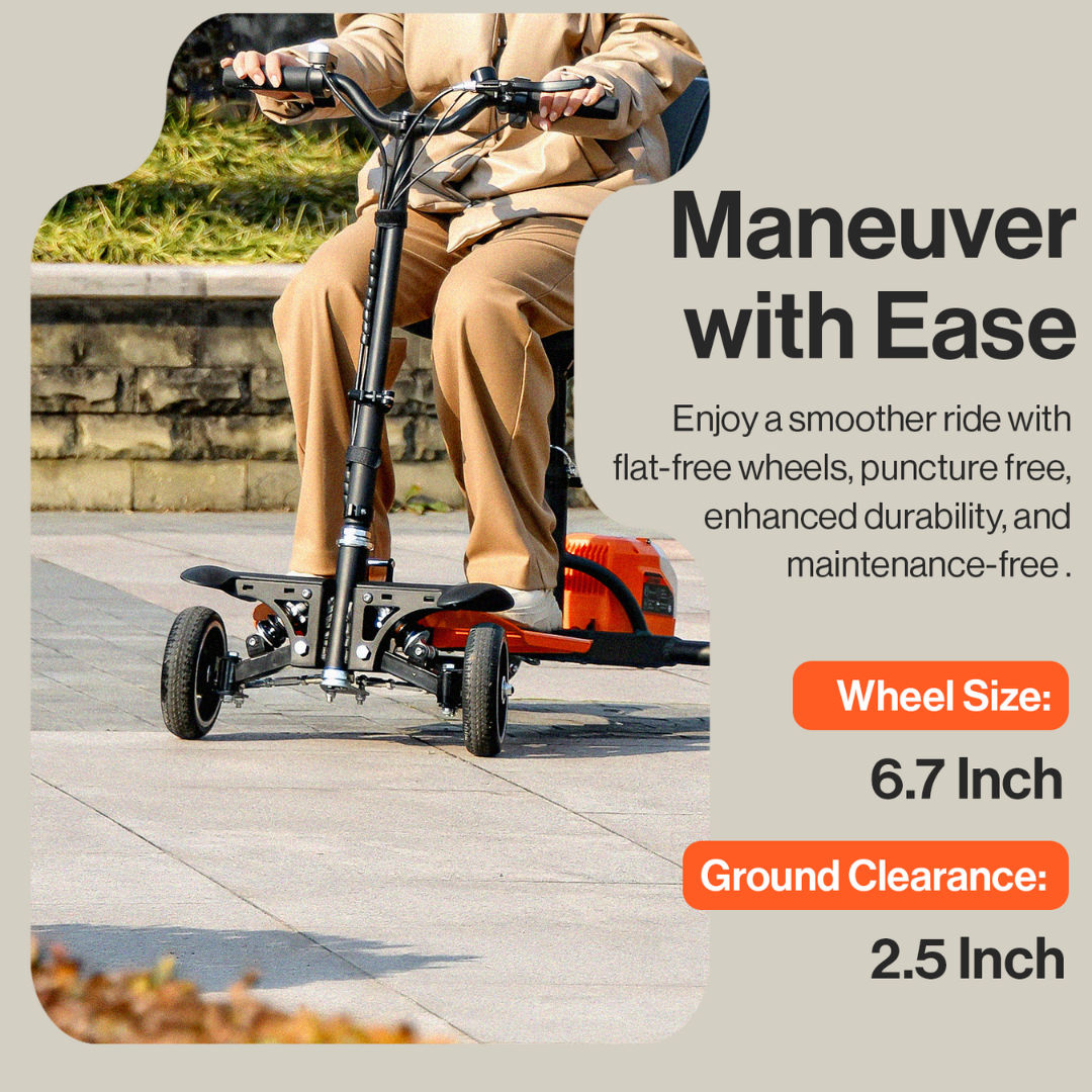 A person in beige clothing rides a foldable, three-wheeled SuperHandy Passport Pro Mobility Scooter on a tiled path by greenery. The image highlights its features: 6.7-inch wheels and 2.5-inch ground clearance with text saying, Maneuver with Ease.