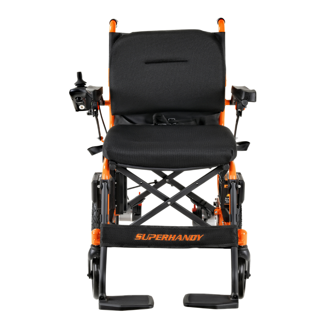 The SuperHandy GoRide 2 Portable Electric Wheelchair, weighing only 40 lbs, features an orange frame and black seat. Its ergonomic control system includes a joystick on the right armrest. The SuperHandy logo is displayed on the footplate, and its compact design is highlighted by the elevated seat.