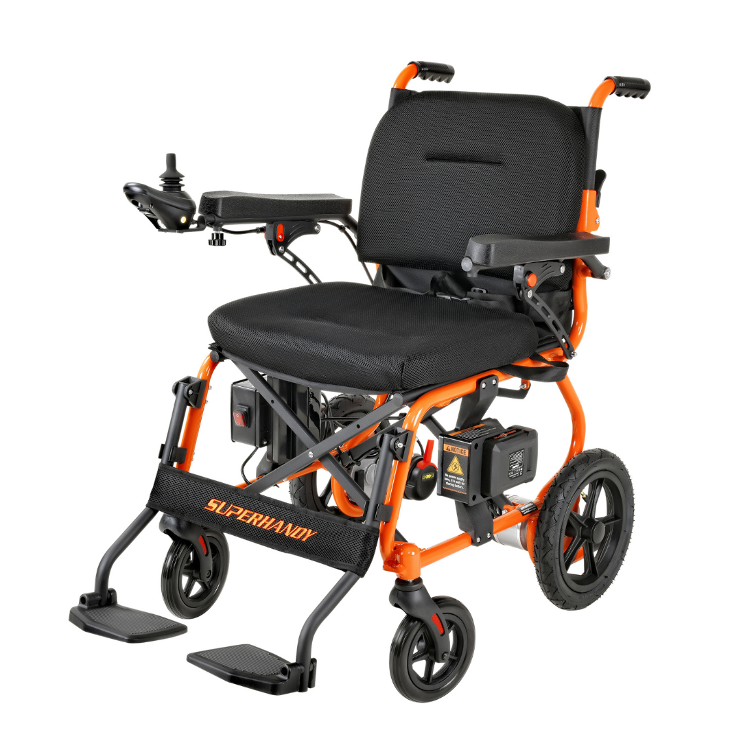 The SuperHandy GoRide 2 Portable Electric Wheelchair, weighing just 40 lbs, features a black seat, vibrant orange frame, ergonomic left-arm joystick control system, dual footrests, two rear wheels, and the SUPERHANDY logo on the footrest flap for an ideal mobility companion.