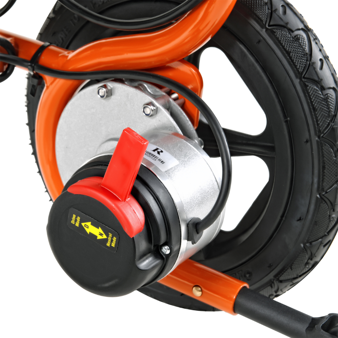 Close-up of a SuperHandy GoRide 2 wheel with a hub motor attached to a black and orange design. The lightweight case includes a notable red lever and black cap with yellow arrows. The textured tread provides excellent grip and smooth rides with its ergonomic control system.