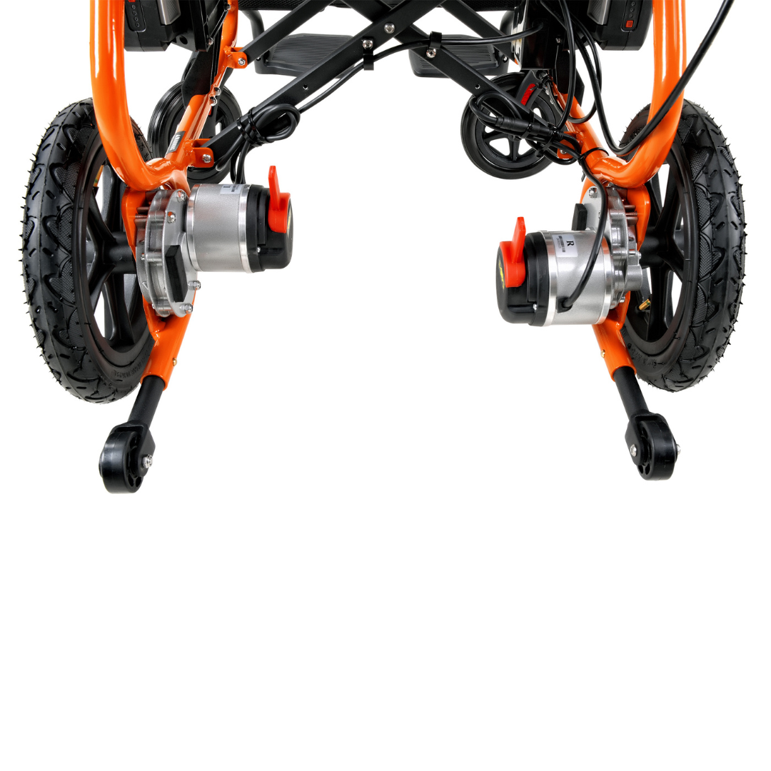 Underside view of the SuperHandy GoRide 2 Portable Electric Wheelchair, highlighting its orange wheels, suspension system, visible motors, and ergonomic controls. Its lightweight, sturdy design is showcased against a plain white background.