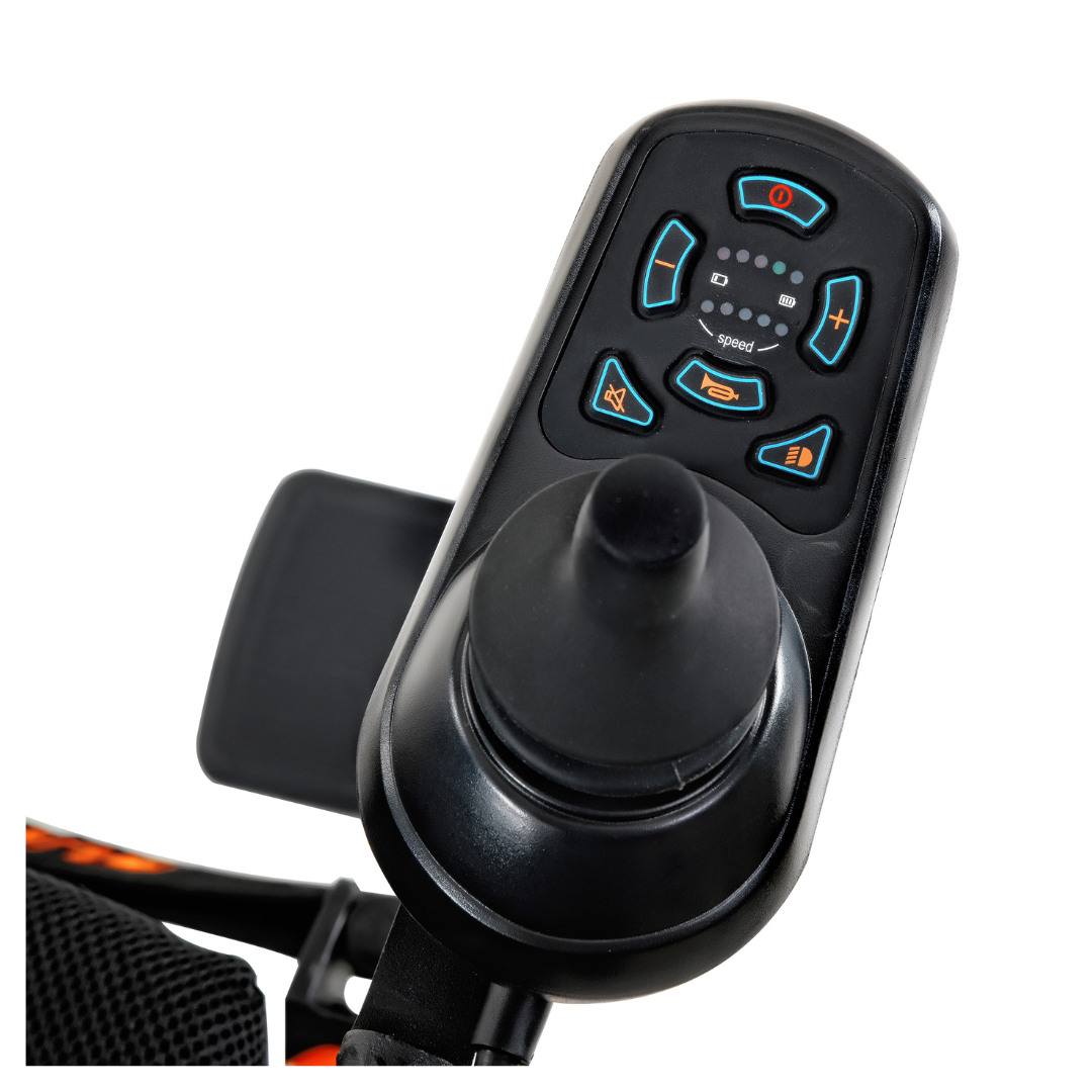 Close-up of the SuperHandy GoRide 2 controller, an ergonomic system for your mobility companion. It has buttons, a speed indicator, and symbols for power, speed adjustment, and horn. Its seamlessly mounted on the wheelchair armrest.