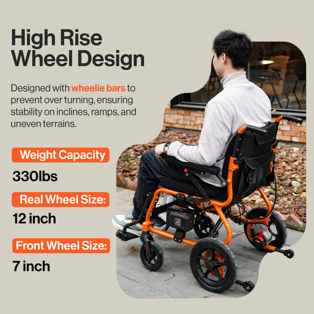 A person sits in a SuperHandy GoRide 2 Portable Electric Wheelchair, which is orange and black with wheelie bars, 330lbs weight capacity, and 12-inch rear wheels. Facing away against a backdrop of wooden flooring and a window. The chair weighs only 40 lbs and ensures stability with its 7-inch front wheels.