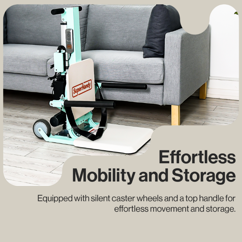 The SuperHandy GoRise FC Bariatric Electric Floor to Chair Lift folds for easy storage and transport