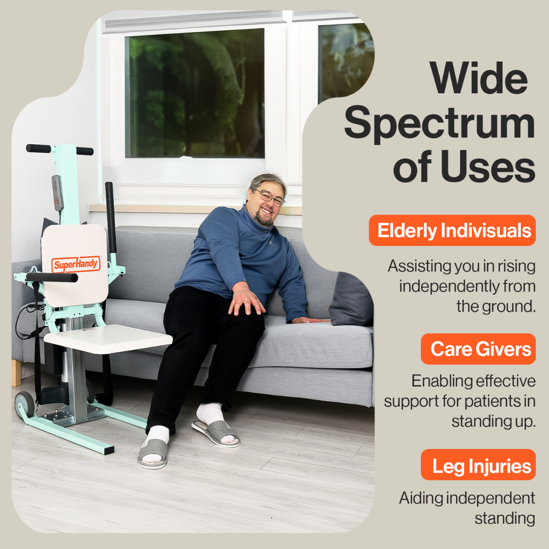 The SuperHandy GoRise FC Bariatric Electric Floor to Chair Lift has a wide spectrum of uses targeted for the elderly, caregivers, leg injuries and more.