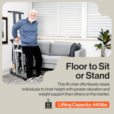 An elderly person uses a SuperHandy GoRise FS - Bariatric Electric Floor to Standing Lift Assistant next to a sofa in a living room with white shutters and a plant. Text reads: Floor to Sit or Stand. Lifting Capacity: 500 lbs. The chair provides excellent weight support and mobility assistance.