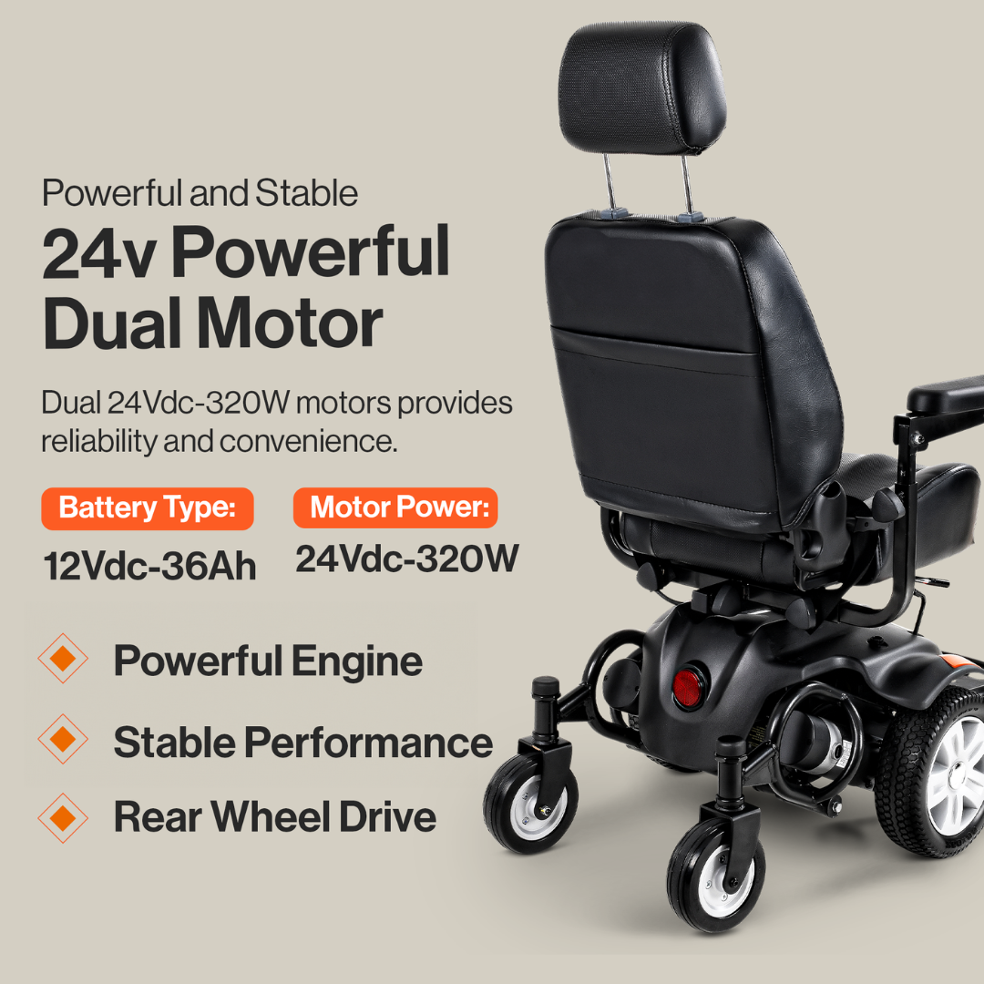 The SuperHandy GoRide CRX Powerchair has a 24v powerful dual motor system and a mid wheel drive