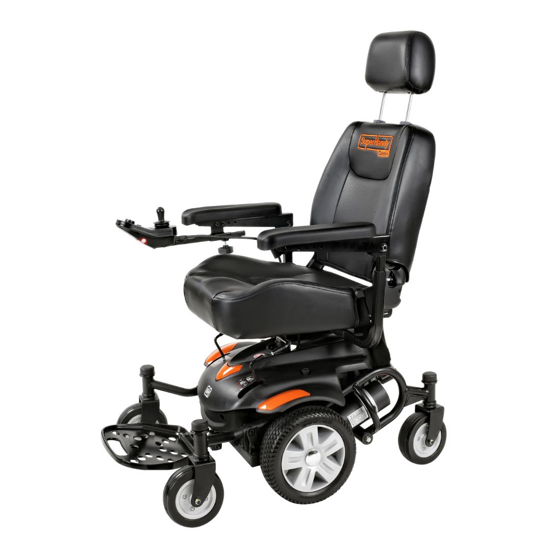 The SuperHandy GoRide CRX Powerchair in modern black offers all-day comfort with a high backrest, armrests, and headrest. It features a right-armrest control panel and smooth mid-wheel drive across four wheels for seamless movement with a 12.8-mile range.