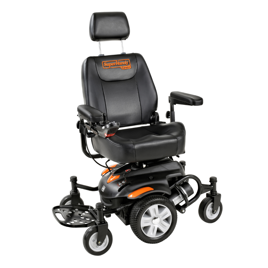 The SuperHandy GoRide CRX Powerchair features a black cushioned seat and headrest for all-day comfort, joystick control on the right armrest, and large rear with smaller front wheels, all in a vibrant orange and black color scheme. Mid-wheel drive offers a 12.8-mile range.