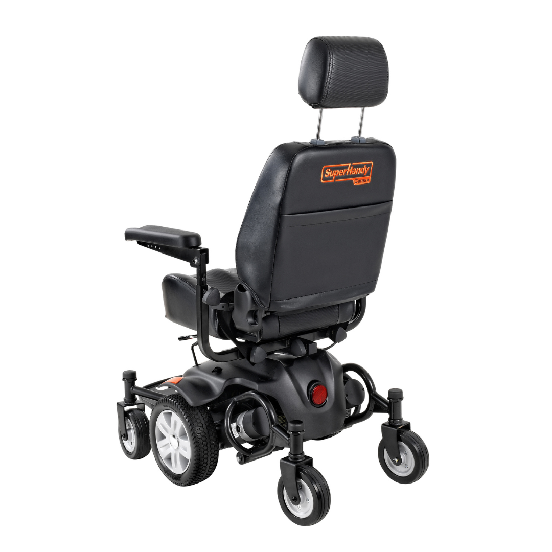 The SuperHandy GoRide CRX Powerchair, with a black seat, armrests, headrest, and four-wheel design for smooth mobility, ensures all-day comfort. The sleek back and side view of this advanced device prominently displays the SuperHandy label.