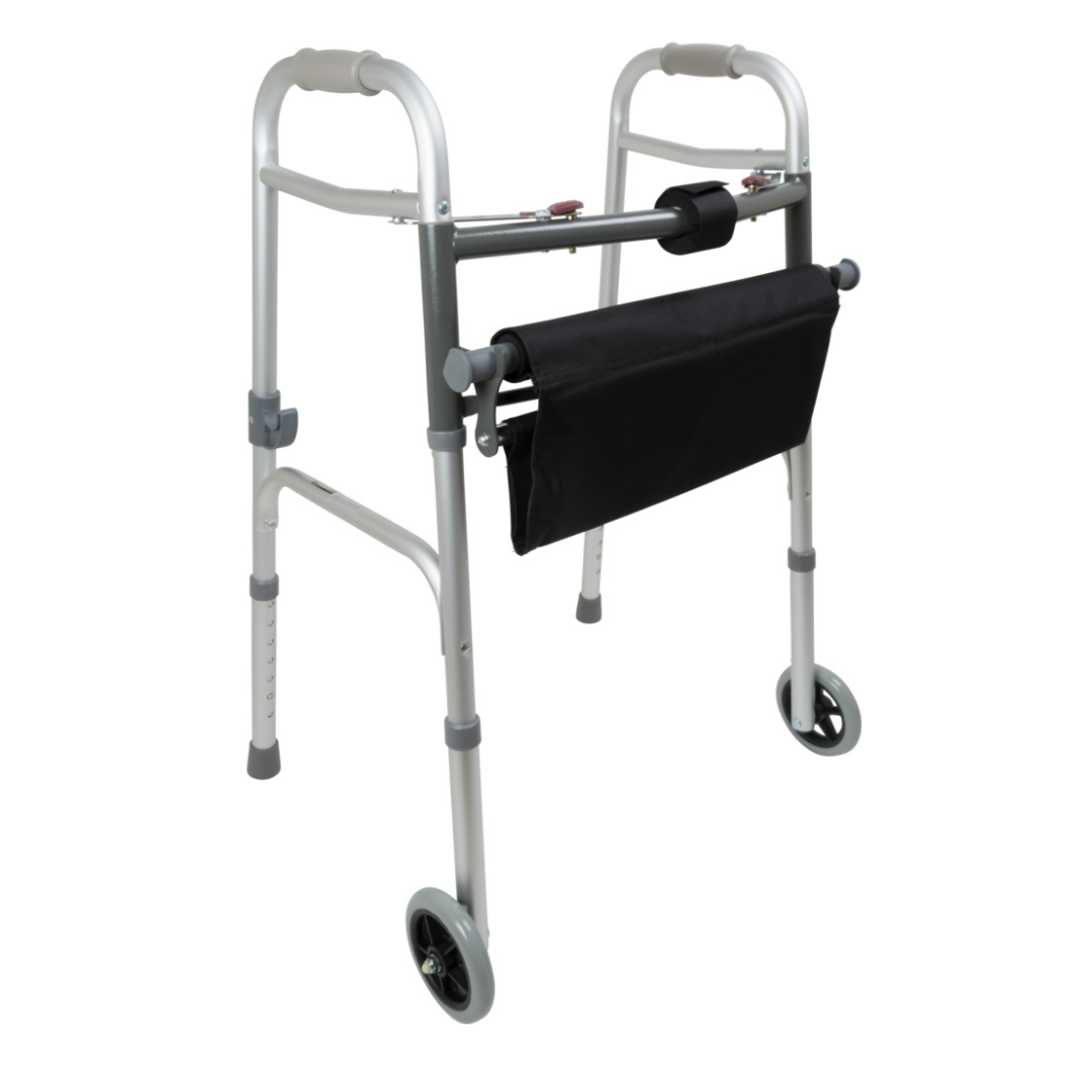 The ProBasics Two-Button Folding Walker with Wheels & Roll-Up Seat features a lightweight aluminum frame in silver, two front wheels, rubber grips, and an attached black storage pouch.