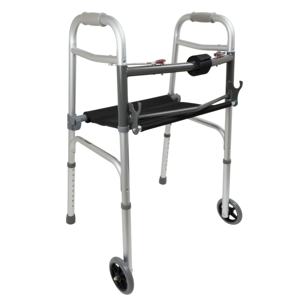 The ProBasics Two-Button Folding Walker with Wheels & Roll-Up Seat features a lightweight aluminum frame, two front wheels, adjustable legs, padded hand grips, and a black roll-up seat for comfort and easy mobility.