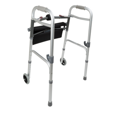 The ProBasics Two-Button Folding Walker with Wheels & Roll-Up Seat features lightweight aluminum construction, two front wheels, rear rubber-tipped legs, a black storage pouch, and a foldable design for easy transport.