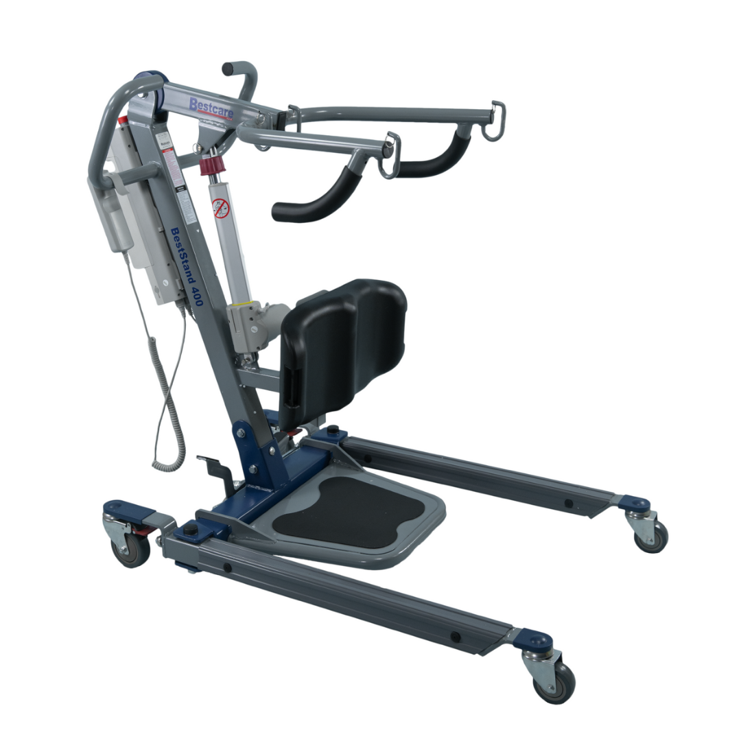 A mobile patient lift with a blue and gray frame, featuring padded leg supports, two curved handles, caster wheels, and control buttons.