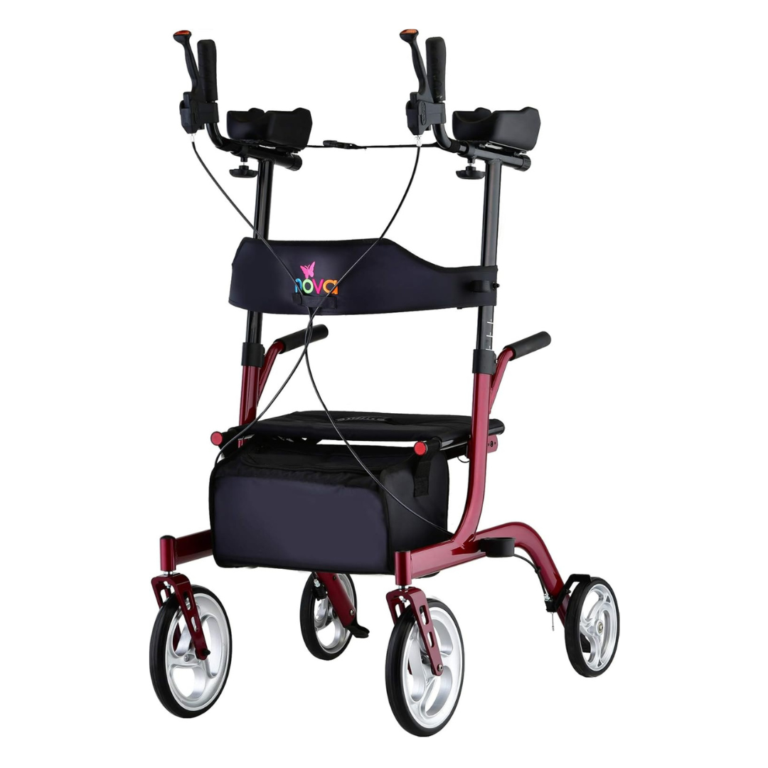 A lightweight, maroon rollator walker with four wheels. It features ergonomic hand grips, brake handles, a cushioned seat, and a storage bag beneath the seat.