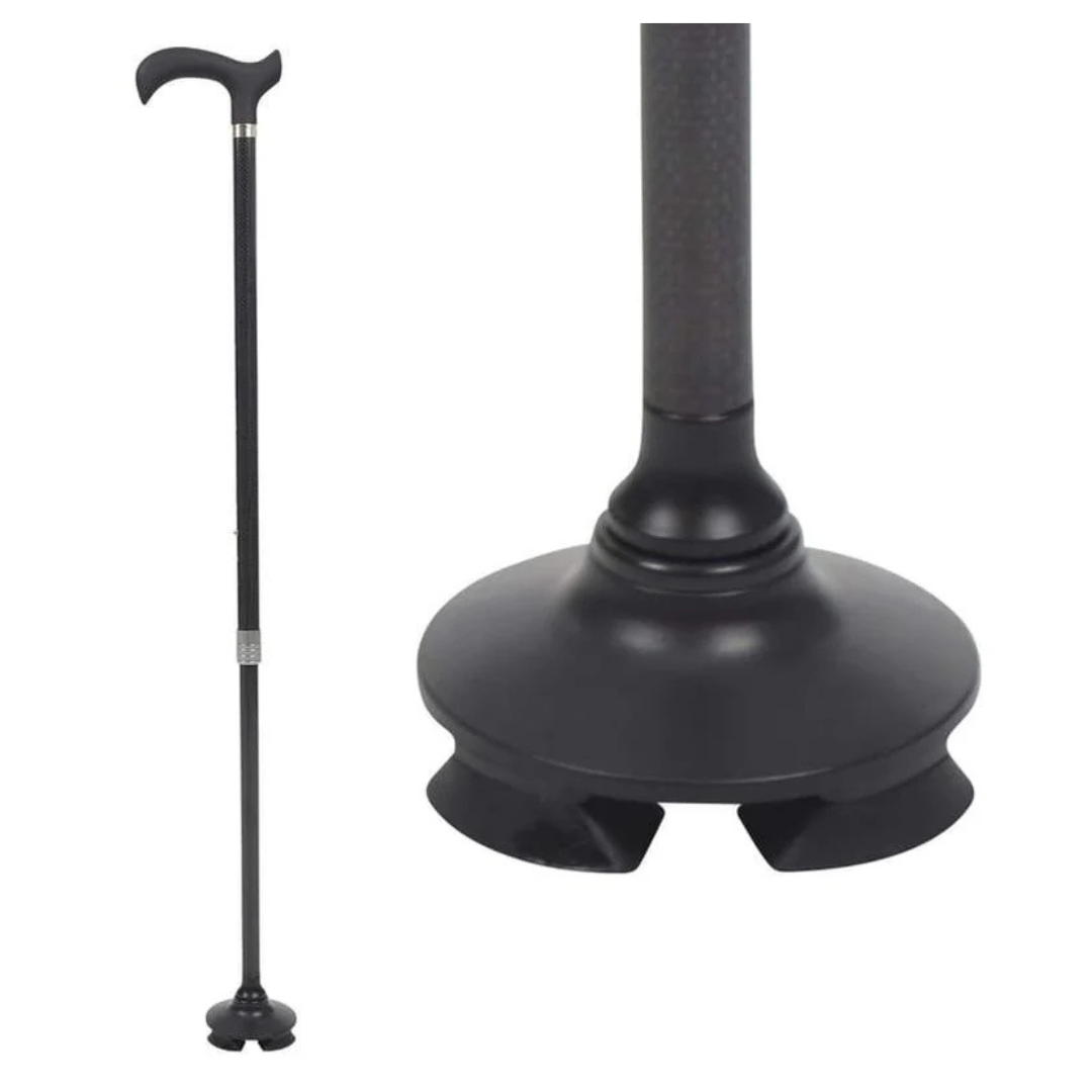 A black walking cane with a curved handle and a wide, four-pointed base for stability, shown in two views: full length and a close-up of the base.