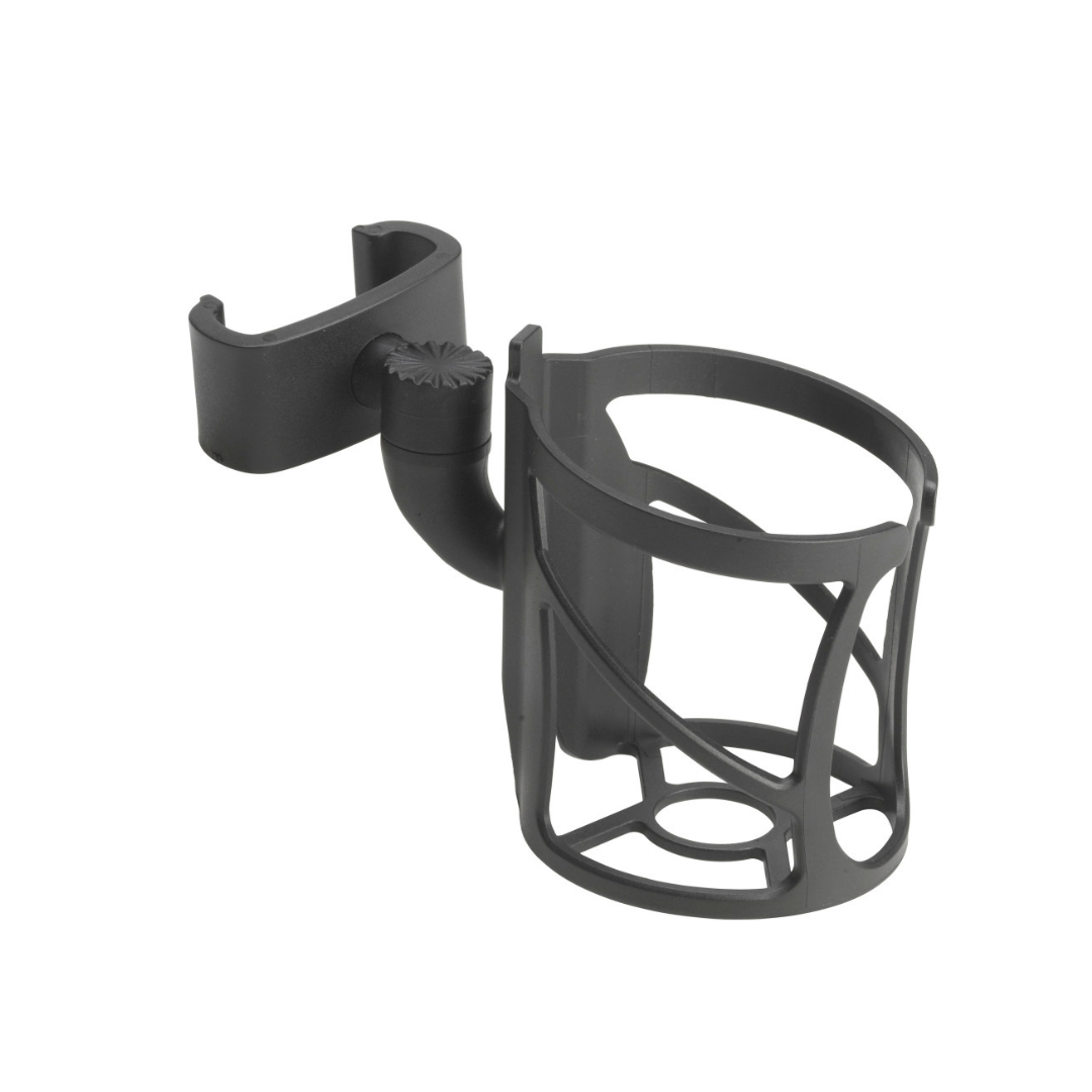 The Cup Holder for Drive Medical Nitro Rollators is a black plastic, adjustable, open-frame cylindrical holder with a clamp attachment for tool-free installation on strollers, bikes, Nitro models, or wheelchairs.