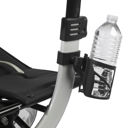 A close-up of the Cup Holder for Drive Medical Nitro Rollators, shown with tool-free installation on the handlebar, holding a plastic water bottle. Part of the Nitro rollator's seat and frame are also visible.