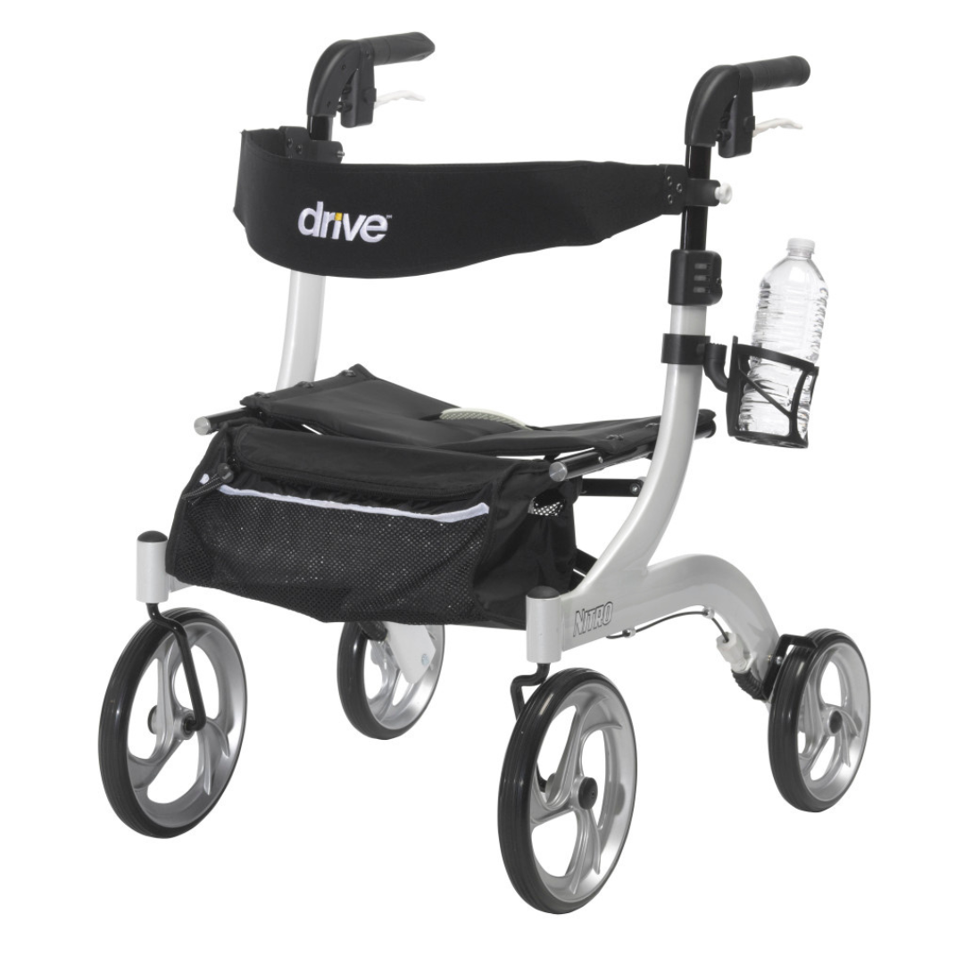 A cup holder designed for Drive Medical Nitro Rollators attaches tool-free and holds a water bottle, making it easy to stay hydrated when using your Nitro rollator. The Drive logo is visible on the backrest.