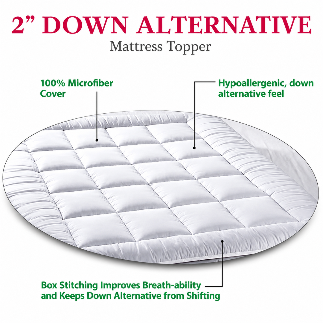 The 2" CoolCloud™ Down Alternative Topper for Elevra beds features a white quilted 100% microfiber cover, hypoallergenic down alternative fill, and box stitching for breathability and to prevent shifting—perfect for allergen-free comfort.