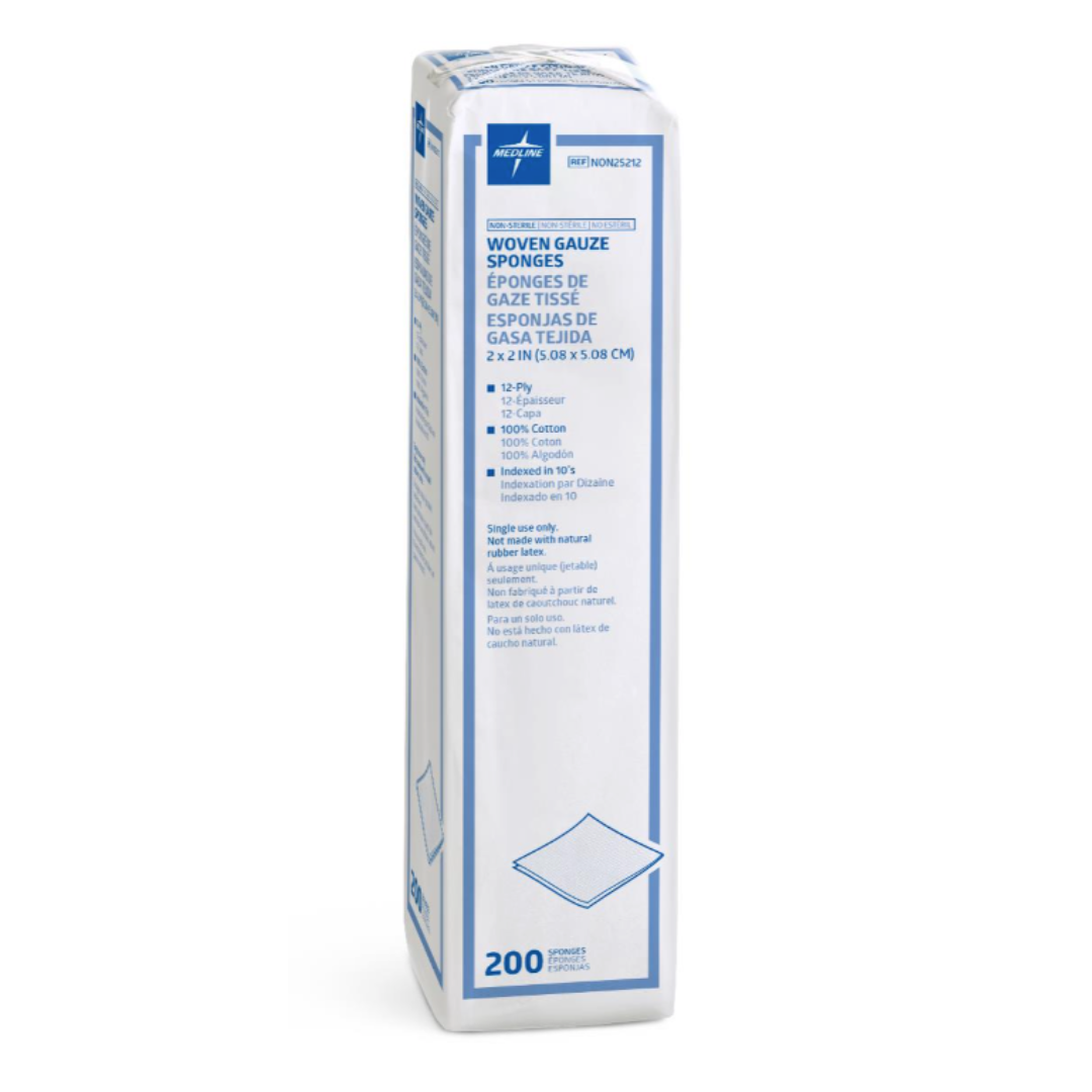 A rectangular package of Medline Nonsterile 100% Cotton Woven Gauze Sponges holds 200 2x2 inch sponges. Its white packaging displays blue text and a simple gauze illustration on the front.