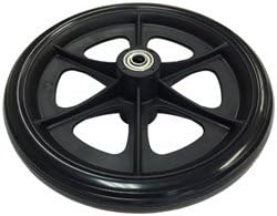 A black plastic wheel with five spokes and a central metal bearing, shown from above on white—designed as a Nova Wheel Replacement For Transport Chairs or for use as replacement wheels for compatible transport chairs.